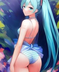 1girls aqua_eyes aqua_hair ass ass_focus big_ass big_butt bikini butt butt_focus eye_contact female female_only hatsune_miku light-skinned_female light_skin long_hair looking_at_viewer looking_back medium_breasts merrytail panties shimapan solo solo_female standing striped_clothing striped_panties stripes tattoo twintails vocaloid