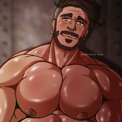 arkhandvan beard biceps big_chest black_hair brown_nipples brown_skin chairman_rose green_eyes male male_nipples male_only mature_male moustache pecs pectoral_focus pectorals pokemon pokemon_ss portrait ring simple_background