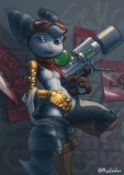 2021 absurd_res anthro breasts clothed clothing cybernetic_arm cybernetic_limb detailed_background ear_piercing ear_ring female finger_fuck fingering fingering_self firearm footwear front_view fur grey_body grey_fur gun handwear hi_res holding_gun holding_object holding_weapon lombax looking_at_viewer mammal masturbation mootsider nipples on_one_leg partially_clothed piercing portrait ranged_weapon ratchet_and_clank ring_piercing rivet_(ratchet_and_clank) scarf small_breasts solo sony_corporation sony_interactive_entertainment standing three-quarter_portrait vaginal vaginal_masturbation vaginal_penetration wanted_poster weapon