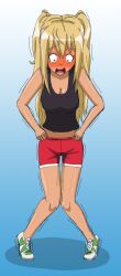 blonde_hair dumbbell_nan_kilo_moteru? female female_only omorashi papergami peeing peeing_self red_shorts sakura_hibiki_(dumbbell_nan_kilo_moteru?) shocked shorts sneakers urine urine_puddle wetting wetting_self