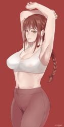 1girls armpits big_breasts braided_hair breasts chainsaw_man estirge eyebrows_visible_through_hair female female_only long_hair makima_(chainsaw_man) navel red_background red_hair smile smirk solo sport sports_bra sportswear sweat tank_top yellow_eyes yoga_pants