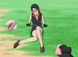 1boy1girl black_hair boruto:_naruto_next_generations close-up closed_eyes closed_legs dress endured_face faceless_male female_focus fingerless_gloves fireboi glasses gloves holding_object male/female male_pov naruto naruto_(series) no_panties on_floor outdoors petite petite_body pov remote_control remote_control_vibrator sarada_uchiha sex_toy sitting stimulation teenager vaginal_insertion vaginal_stimulation vibrator vibrator_in_pussy young younger_female