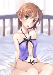 10s 1girls 2013 areolae babydoll bare_shoulders bed blush breasts brown_eyes brown_hair collarbone female hair_ornament hairclip hi_res indoors kneehighs looking_at_viewer loose_socks matching_hair/eyes misaka_mikoto navel nipples nipples_visible_through_clothing on_bed open_mouth see-through see-through_clothing short_hair simple_background sitting sitting_on_bed small_breasts socks solo teenage_girl teenager to_aru_kagaku_no_railgun to_aru_majutsu_no_index wa_(genryusui) white_socks yokozuwari young