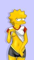 1girls aged_up big breasts clothing evilweazel exposed_breasts female female_only half-closed_eyes high_resolution lisa_simpson looking_at_viewer nipple_bulge shirt shirt_lift shirt_up smile spats spats_down spats_pull spiky_hair standing teasing teasing_viewer the_simpsons tight_clothing tight_shorts underboob yellow_body yellow_skin