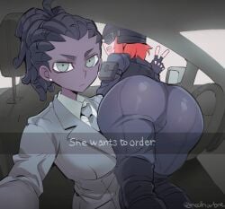 2girls ass bent_over dark_skin emotionless expressionless female_only green_eyes he_wants_to_order helltaker meme noaharbre police police_uniform policewoman_(helltaker)