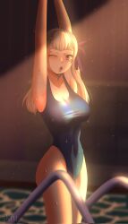 1girls armpits arms_up bangs big_breasts black_clover breasts curvy hair_ribbon hourglass_figure legs looking_at_viewer noelle_silva one_eye_closed open_mouth purple_eyes silver_hair skru stretching swimsuit thick_thighs thighs twintails wet