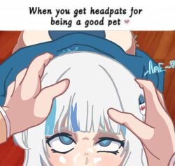 blue_eyes flat_chest gawr_gura headpats hololive hololive_english hololive_myth implied_futanari meme_format shark_girl shark_tail twitch.tv virtual_youtuber vtuber