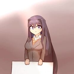 adorable animated animated_gif animation breasts cute doki_doki_literature_club gif holding_object holding_sign lifting_sign looking_at_viewer naked nude one_eye_closed purple_eyes purple_hair school_uniform sign small_smile theartistaurora uniform video wink winking winking_at_viewer yuri_(doki_doki_literature_club)