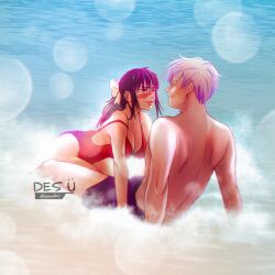 1boy 1boy1girl 1girls beach bent_forward bigger_male busty cleavage face_to_face female in_water jujutsu_kaisen larger_male leaning_forward male male/female ocean on_all_fours one_piece_swimsuit red_swimsuit satoru_gojo scar sea seaside shirtless_male size_difference smaller_female straight suggestive summer swimsuit tight_clothing utahime_iori water waves wet wet_hair