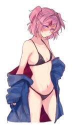 1girls black_bra black_panties bra coat doki_doki_literature_club female looking_at_viewer natsuki_(doki_doki_literature_club) panties pink_eyes pink_hair rkgkefr_(artist) solo undressing white_background