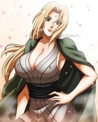 1girls blonde_hair breasts brown_eyes busty clothes covered_erect_nipples erect_nipples erect_nipples_under_clothes facial_mark female female_focus highres large_breasts long_hair looking_at_viewer mature mature_female naruto naruto_(series) naruto_shippuden no_bra rakara11 smile solo sweat tsunade twintails