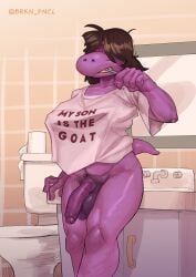 1futa 2021 5_fingers anthro balls bathroom bottomless brkn_pncl brushing_teeth clothed clothing deltarune deltarune_futanari flaccid futa_only futanari hair_over_eyes hairy_balls partially_clothed penis pubic_hair purple_body shirt solo susie_(deltarune)