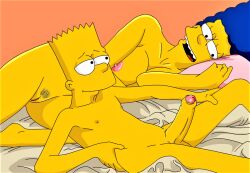 1boy 1boy1girl 1girls age_difference aged_up bart_simpson bed blue_hair breasts clitoris erect_clitoris erect_nipples erection evilweazel female foreskin glans imminent_incest imminent_sex incest large_penis looking_at_another looking_at_penis lying male marge_simpson milf mother mother_and_son nipples nude on_back on_bed on_side orange_background partially_retracted_foreskin penis pubic_hair son spiky_hair the_simpsons thighs uncut vagina yellow_skin