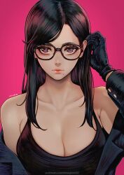 1girls asian asian_female beauty_mark black_hair bob_cut breasts eyewear female glasses light-skinned_female light_skin lips long_hair looking_at_viewer magion02 minakata_hizuru mole mole_under_mouth petite pink_background seductive_eyes seductive_look solo_female summer_time_render summertime_render violet_eyes