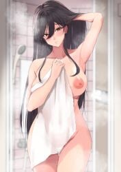 2d after_bathing arm_up armpits bangs black_hair blush bovine breasts brown_eyes closed_mouth collarbone completely_nude covering female female_only hair_between_eyes hand_in_own_hair highres holding holding_towel idolmaster idolmaster_shiny_colors indoors large_breasts light-skinned_female light_skin long_hair looking_at_viewer mole mole_under_eye naked naked_female nipples nude nude_cover nude_female pale-skinned_female pale_skin pink_nipples shirase_sakuya shower_(place) shusiki smile solo steam thigh_gap towel wet