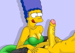 1boy 1boy1girl 1girls blue_hair breasts cleavage erection evilweazel female foreskin glans huge_cock imminent_fellatio licking_lips looking_at_penis male marge_simpson mature milf partial_male partially_retracted_foreskin penis testicles the_simpsons uncircumcised uncut yellow_skin