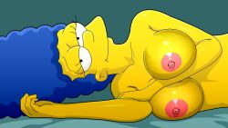 16:9 1girls between_breasts blue_hair breasts color digital_media_(artwork) evilweazel female green_background hand_between_breasts hi_res looking_at_viewer lying marge_simpson mature milf nipples nude on_side smile solo the_simpsons uncensored yellow_skin