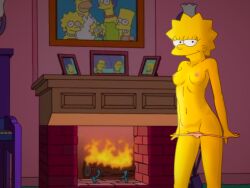 4:3 aged_up areolae breasts clothes_pull clothing evilweazel female fireplace indoors lisa_simpson living_room looking_at_mirror looking_at_viewer mostly_nude navel nipples open_mouth pantsu panty_pull pink_panties smile spiky_hair standing the_simpsons topless underwear underwear_pull undressing yellow_body yellow_skin