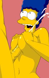 1boy between_breasts blue_hair breast_press breasts ejaculation erection evilweazel female hands_on_own_breasts high_resolution looking_at_another looking_up male marge_simpson mature milf nipples open_mouth paizuri partial_male penis semen the_simpsons yellow_skin