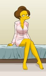 bed bedroom_eyes breasts brown_hair cleavage clothing edna_krabappel evilweazel female female high_resolution looking_at_viewer mature on_bed short_hair sitting sitting_on_bed sleep_shirt sleepwear smile the_simpsons yellow_skin