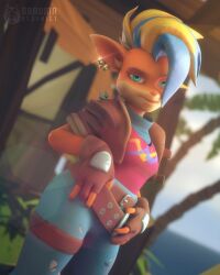 3d 3d_(artwork) activision anthro ass bandicoot blender blender_(software) blender_cycles blonde_hair blue_eyes blue_hair breasts clothed crash_(series) daruma_hedonist ear_piercing earrings female furry genitals green_eyes highres humanoid_pointy_ears jacket jeans large_breasts looking_at_viewer mammal marsupial model model_release mohawk mutant navel nipples piercing pirate_tawna punk_girl rodent small_waist solo tawna_bandicoot tawna_bandicoot_(crash_4) tawny_otter thick_thighs thigh_clothes topwear two_tone_hair wide_hips