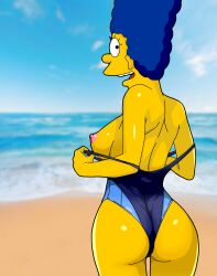 ass beach blue_hair breasts breasts_out_of_clothes clothing evilweazel female female_only high_resolution large_breasts looking_at_viewer looking_back marge_simpson nipples ocean one-piece_swimsuit open_mouth solo standing swimsuit the_simpsons tongue upper_teeth viewed_from_behind yellow_skin