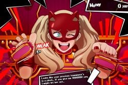 1girls ann_takamaki blonde_hair blue_eyes bondage brush feet female foot_fetish laugh lethaltk mask painted_nails persona persona_5 restrained soles tagme tickle_torture tickling tickling_feet toes