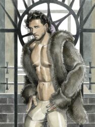 abs actor big_bulge boner bulge celebrity erect_penis erection erection_in_pants game_of_thrones hard_on in_character jon_snow kentartwork kit_harington looking_at_viewer male male_only muscles muscular muscular_male open_coat pecs penis_outline