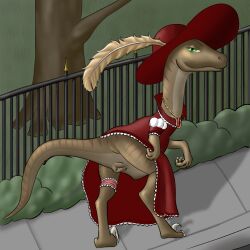 animal_genitalia brown_body brown_scales cloaca clothed clothed_feral clothing clothing_lift detailed_background dinosaur dress dromaeosaurid feathered_hat female feral flashing_butt flirting_look genitals green_eyes half-closed_eyes hat headgear headwear jewelry narrowed_eyes necklace outside reptile scales scalie sidewalk solo solo_focus theropod tiny_terrible zirilon