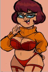 1girls bangs big_breasts bob_cut bra breasts brown_eyes brown_hair brown_hair cleavage clothes finger_to_mouth garter_straps glasses hand_on_ass hanna-barbera instantnudeles lingerie lipstick looking_at_viewer navel open_mouth orange_background panties partially_clothed scooby-doo seductive short_hair smile solo sweater sweater_lift thick_thighs velma_dinkley