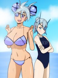 2022 adoptive_siblings beach bikini blue_eyes blue_hair blush breast_envy cleavage clouds crossed_arms eyepatch large_breasts mistrunner one-piece_swimsuit pout praxis_(xenoblade) purple_eyes seaside side-tie_bikini sky small_breasts smile tagme tan_body theory_(xenoblade) watermark wet xenoblade_chronicles_2