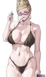 ayase_seiko beehive_hairdo big_breasts bikini bimbo blonde_hair cigarette dandadan gilf glasses gold_hoop_earrings hoop_earrings joshua_(artist) large_breasts milf pulled_up_hair updo white_hair