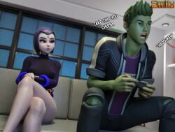 1girls 3d 3d_(artwork) beast_boy blender_(software) bob_cut dc dc_comics female forehead_jewel fortnite goth goth_girl grey_skin imminent_deepthroat imminent_oral leotard male medium_hair pale-skinned_female pale_skin petite playing_videogame purple_eyes purple_hair raven_(dc) slim smitty34 smug smug_face sorceress tagme teen_titans teenager text titans video_games