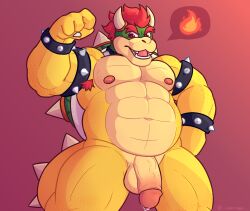 1boy 4_fingers anthro armpit_hair balls bara belly bodily_fluids body_hair bowser bracelet churrosolixoso claws digital_media_(artwork) dragon erection fingers fire gay genital_fluids genitals hair hi_res horn jewelry koopa looking_at_viewer male male/male male_only mario_(series) muscular muscular_anthro muscular_male nintendo nipples nude open_mouth pecs penis precum scales scalie shell simple_background smile solo speech_bubble spikes video_games