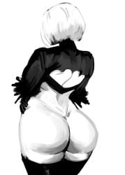 ass big_ass big_butt dat_ass female huge_ass large_ass nier nier:_automata nier_(series) redblacktac short_hair solo white_background white_hair yorha_2b