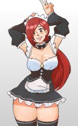 91m10 breasts light-skinned_female light_skin looking_at_viewer maid maid_uniform red_hair ruby_koroma_(91m10) smile smiling smiling_at_viewer thighs voluptuous