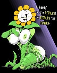 1girls 2d breasts edit english_text female female_only flora_fauna flower flower_girl flowey_the_flower humanoid nipples peddles plant plant_girl plantie rule_63 solo solo_female sunflower talking text under(her)tail undertale undertale_(series) winking