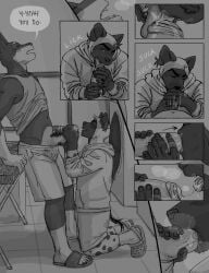 anthro blush bottomwear bottomwear_down canid canine canis clothed clothing comic crocs danny_(gayrider8) dialogue dobermann domestic_dog duo english_text fellatio foreskin gayrider8 genitals handjob hi_res hoodie hyaenid male male/male mammal monochrome oral pants pants_down partially_clothed penile penis pinscher prince_(gayrider8) sex shirt shorts spotted_hyena tank_top text tongue topwear