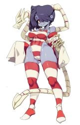 alternate_breast_size big_breasts cameltoe leviathan_(skullgirls) one-piece_swimsuit red_eyes skeleton_hand skullgirls slugbox squigly stitched_mouth swimsuit thighhighs zombie zombie_girl