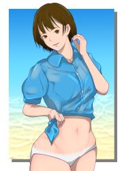 beach belly_button brown_eyes brown_hair medium_breasts nozomi_(sonny_boy) short_hair showing_panties smile sonny_boy tetsuyamk2 wet_shirt white_panties