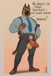 anthro asking_a_question balls belt big_balls big_testicles black_pants business_suit canid canine canis casual character_request clothing cop cop_uniform dialogue donut english_dialogue english_text eyewear firearm footwear furry german_shepherd glasses gun gun_holster hair handgun holster joke large_penis looking_at_viewer male male_only marlon.cores mostly_clothed muscular muscular_male orange_eyes original original_character partially_undressed penis police_uniform precum presenting_penis ring shoes solo suggestive_dialogue suit tail testicles text tie weapon