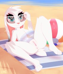 2022 anthro anus ass ball beach beach_ball beach_towel blue_eyes eyewear female fur genitals hi_res inflatable lagomorph leporid looking_up mammal nude omiart pool_float public public_nudity pussy rabbit seaside smile solo sunglasses towel white_body white_fur