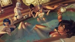 16:9 5girls asian asian_female ass bathhouse bathing bathing_suit bathroom bathtub beidou_(genshin_impact) big_breasts bikini blue_eyes blue_hair braid breasts brown_hair chalice cleavage cup dark_hair dehya_(genshin_impact) drinking drinking_glass female female_focus female_only fruit genshin_impact glass greeting grey_eyes hair hair_over_shoulder hair_stick hand_gesture holding_glass indoors jacuzzi krysdecker large_ass large_breasts light-skinned_female light_skin long_hair looking_at_partner looking_at_viewer looking_back medium_hair multiple_girls nail_polish nails navy_blue_hair ningguang_(genshin_impact) on_side pale_skin patreon_url petals petals_on_liquid rose_(flower) serving_drink serving_tray shenhe_(genshin_impact) shoulder_length_hair signature silver_eyes silver_hair single_braid tan_skin thick thick_legs thick_thighs thighs toasting url wallpaper water watermark waving wet white_hair wide_hips yelan_(genshin_impact) yuri