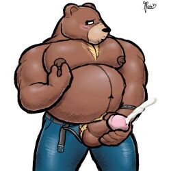 alanottaviano anthro barazoku bodily_fluids brown_bear brown_body brown_fur chubby_male cum cumshot ejaculation fur genital_fluids genitals grizzly_bear hi_res male male/male mammal musclegut muscular muscular_male nipple_fetish nipple_play nipples overweight penis solo ursid ursine