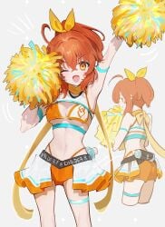 ahoge arm_up armpits bangs bare_shoulders belly_button bikini blush breasts cheering cheerleader cowboy_shot fate/grand_order fate_(series) female fujimaru_ritsuka_(female) galibo high_ponytail highres holding holding_pom_poms looking_at_viewer midriff multiple_views navel one_eye_closed open_mouth orange_eyes orange_hair pom_pom_(cheerleading) ponytail skimpy smile standing wink