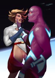 alien alien_girl alien_look_like_human blonde_hair blue_eyes clothed_sex dc dc_comics defeated_heroine female kara_zor-l karen_starr male parasite_(dc) piraart_(artist) power_girl purple_skin rape red_cape red_eyes red_lipstick sex sex_in_space short_hair space space_background space_sex superheroine superman_(series) supervillain throat_grab