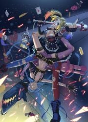 2girls arcane blonde_hair blue_hair blue_socks braided_hair braided_twintails clothed clothed_female clothing crazy_eyes crossover death_battle facepaint female firearm harley_quinn hotpants human jinx_(league_of_legends) league_of_legends long_socks medium_hair pale_skin pattern_socks purple_socks red_socks riot_games socks tagme tattoo tattoo_on_arm tattoo_on_belly thigh_socks thighhighs twin_braids twintails very_long_hair weapon