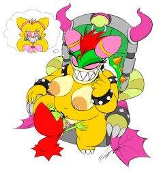 1boy 2girls anthro areolae big_breasts bowletta cackletta fawful hand_on_thigh mario_(series) mario_and_luigi_(series) nipple_piercing nipples princess_peach pussy pussy_juice_drip pussy_licking tagme thick_thighs