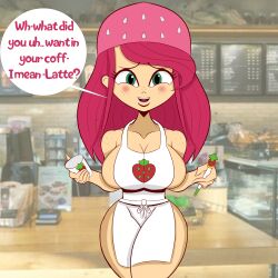 1girls apron_only berry_in_the_big_city big_breasts blush breasts cafe cleavage coffee_shop holding_object hourglass_figure iced_latte_with_breast_milk magicapencil sideboob solo solo_female speech_bubble starbucks strawberry strawberry_shortcake strawberry_shortcake_(character) thick_thighs wildbrain