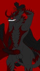 angel_(oc) balls big_penis black_feathers bondage demon_dragon dragon horns muscular night_fury red_eyes smile_at_viewer wings